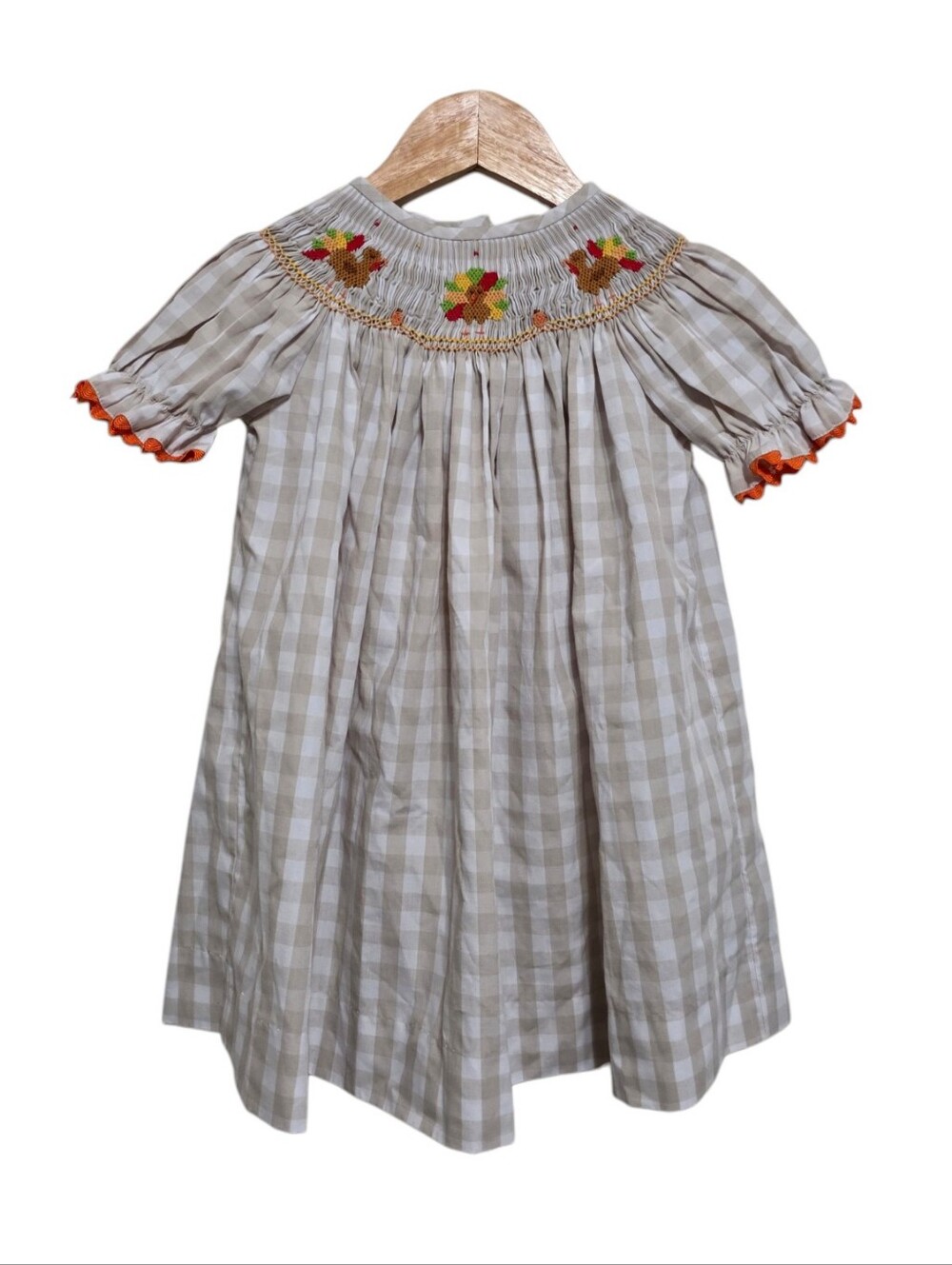 Stitchy Fish Thanksgiving Tradition Smocked Bishop Dress in Tan Check Size 18M